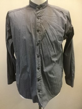 Mens, Historical Fiction Shirt, PANHANDLE, Gray, Black, White, Cotton, Geometric, L, Gray with Black and Cream Triangles, Long Sleeve Button Front, Band Collar, Contemporary Shirt That Has Been Repurposed to Be "Old West", Slightly Dirtied Throughout