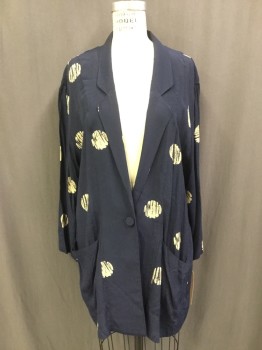 Womens, Blazer, SILENCE & NOISE, Navy Blue, Tan Brown, Rayon, Dots, M, Crepe, Unlined, Single Breasted, Notched Lapel, 2 Patch Pocket, Oversized Unstructured