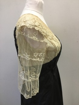 Mto, Black, Cream, Silk, Rayon, Solid, Floral, Taffeta with Black Rat Tail Texture, Antique Cream Lace Upper and Sleeves. Center Back Snap Closures. Light Blue Ribbon Detail at Back. Center Back Lace and Light Blue Facing in Fragile State,