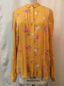 H&M, Turmeric Yellow, Lt Pink, Pink, Cream, Green, Viscose, Floral, Turmeric, Light Pink/ Pink/ Cream/ Green Floral Print, Button Front, Collar Attached, Long Sleeves,