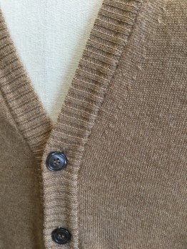 Mens, Cardigan Sweater, TOSCANO, Camel Brown, Wool, Solid, 4X, Knit, Long Sleeves, V-neck, 7 Button Front, 2 Patch Pockets