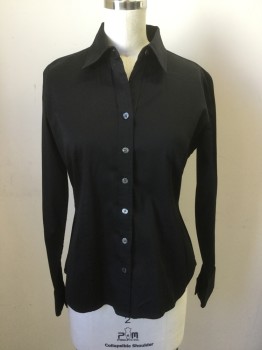 MERONA, Black, Cotton, Spandex, Solid, Button Front, Collar Attached, Long Sleeves, Extended Cuff
