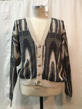 Mens, Cardigan Sweater, MONGO, Gray, Beige, Cotton, Acrylic, Novelty Pattern, S, Gray & Beige Abstract Print, Button Front, Beige Trim