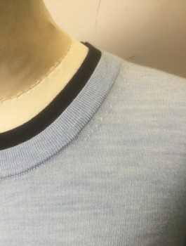 VERONICA BEARD, Lt Blue, Navy Blue, Cream, Wool, Nylon, Solid, Stripes, Light Blue with Navy Edging at Crew Neck, Long Sleeves with Navy and White Striped Undersleeve at Wrists