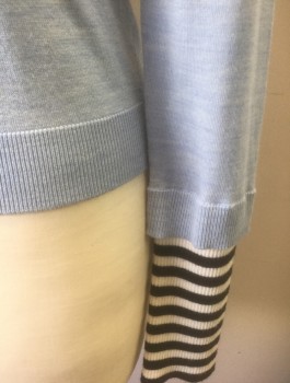 VERONICA BEARD, Lt Blue, Navy Blue, Cream, Wool, Nylon, Solid, Stripes, Light Blue with Navy Edging at Crew Neck, Long Sleeves with Navy and White Striped Undersleeve at Wrists