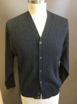 Mens, Cardigan Sweater, FIESOLE, Charcoal Gray, Wool, Cable Knit, M, Heathered Charcoal, Slight Cableknit , Ribbed, V-neck,
