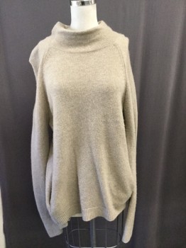 Womens, Pullover, MAX STUDIO, Lt Brown, Cashmere, Solid, L, Heathered Light Brown, Mock Neck, Pockets