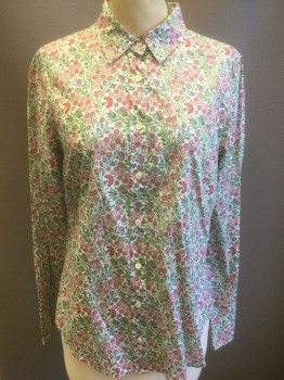 Womens, Blouse, LIBERTY FOR JCREW, White, Dk Red, Mint Green, Pink, Green, Cotton, Floral, 6, White with Shades of Green, Red and Pink Busy Floral and Leaves Pattern, Long Sleeve Button Front, Collar Attached