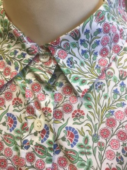 Womens, Blouse, LIBERTY FOR JCREW, White, Dk Red, Mint Green, Pink, Green, Cotton, Floral, 6, White with Shades of Green, Red and Pink Busy Floral and Leaves Pattern, Long Sleeve Button Front, Collar Attached