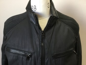 Mens, Casual Jacket, PEUGEOT, Black, Cotton, Solid, M, Coated Cotton, Zip Front, Zip Pockets, Pleather Ribbed Shoulders, Pleather Stand Up Collar