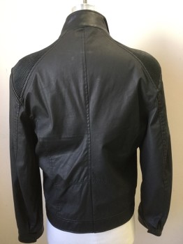 Mens, Casual Jacket, PEUGEOT, Black, Cotton, Solid, M, Coated Cotton, Zip Front, Zip Pockets, Pleather Ribbed Shoulders, Pleather Stand Up Collar