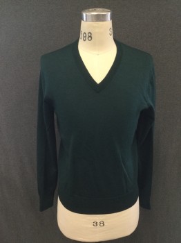 Mens, Pullover Sweater, BROOKS BROTHERS, Dk Green, Wool, Solid, S, V-neck, Long Sleeves, Ribbed Knit Neck/Waistband/Cuff