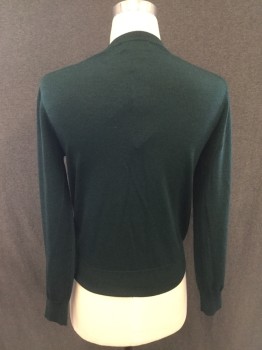 Mens, Pullover Sweater, BROOKS BROTHERS, Dk Green, Wool, Solid, S, V-neck, Long Sleeves, Ribbed Knit Neck/Waistband/Cuff