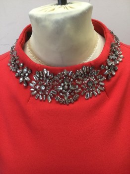 Womens, Cocktail Dress, TED BAKER, Red, Polyester, Rhinestones, Solid, Floral, 4, Back Zipper, Heavy Double Knit, Cap Sleeves, Draped Stand Collar with Rhinestone Necklace Applique,