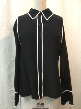 DVF, Black, White, Silk, Solid, Color Blocking, Black, White Trim, Button Front, Collar Attached, Long Sleeves,
