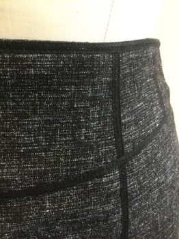 Womens, Skirt, Knee Length, NANETTE LEPORE, Charcoal Gray, White, Viscose, Cotton, 2 Color Weave, 4, Charcoal with White Woven Horizontal Streaks, Pencil Fit, Black 1/4" Wide Trim on Waist Seam and 2 Vertical Seams at Front and Back, Self Pleated Edge at Hem