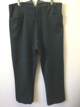 Mens, Historical Fiction Pants, N/L, Faded Black, Wool, Solid, Ins:31, W:38, Flat Front, Button Fly, 2 Angled Front Pockets, Suspender Buttons at Outside of Waist, Belted Back, Reproduction