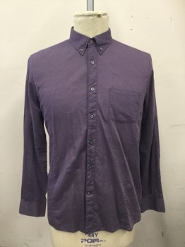 JOHN VARVATOS, Purple, Cotton, Solid, Button Front, Collar Attached, Button Down Collar, Long Sleeves, 1 Pocket