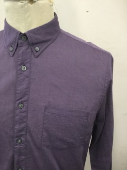 JOHN VARVATOS, Purple, Cotton, Solid, Button Front, Collar Attached, Button Down Collar, Long Sleeves, 1 Pocket