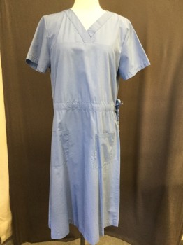 ANGELICA, Dusty Blue, Cotton, Polyester, Solid, Surgical Blue, V-neck, Short Sleeves, Drawstring Waist