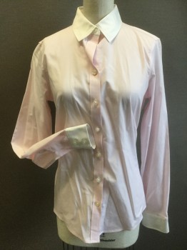 BANANA REPUBLIC, Baby Pink, White, Cotton, Solid, Button Front, Long Sleeves, White Collar & Cuffs
