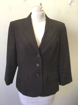 Womens, Blazer, KASPER, Dk Brown, Polyester, Solid, 16, Single Breasted, Notched Lapel, 3 Buttons, 2 Pockets, Leopard Print Lining