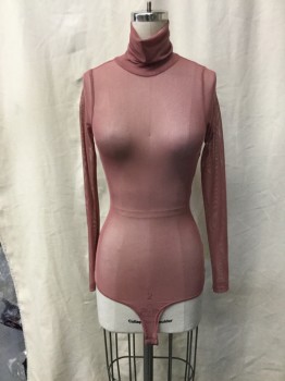 WINDSOR, Dusty Rose Pink, Polyester, Lycra, Solid, BODYSUIT/LEOTARD TOP  Sheer Mesh Knit, Turtle Neck, Long Sleeves, Snap Closure at Crotch