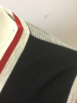 Mens, Sweater Vest, BLACK FLEECE, Black, Lt Gray, Red, Wool, Solid, 38, Black Solid Front with Light Gray Edges at V-neck, Armholes and Hem, Back is Gray/Light Gray Busy Horizontal Stripe, Knit, Pullover