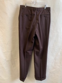 Mens, Suit, Pants, VALENTINO, Dk Brown, White, Wool, Stripes - Pin, 32/33, Double Pleats, Zip Fly, Button Tab Closure, 4 Pockets + Watch Pocket, Belt Loops, Cuffed Hem