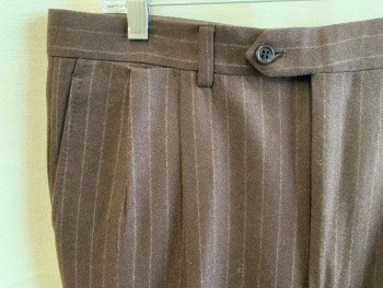 Mens, Suit, Pants, VALENTINO, Dk Brown, White, Wool, Stripes - Pin, 32/33, Double Pleats, Zip Fly, Button Tab Closure, 4 Pockets + Watch Pocket, Belt Loops, Cuffed Hem