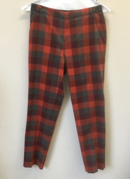 UNIQLO, Red, Gray, Red Burgundy, Polyester, Rayon, Check , Red/Burgundy/Gray Squares Check, Slim Fit, Cropped Length, Solid Gray Elastic Waistband in Back, 4 Pockets