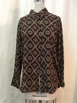 ALC, Black, Brown, Red Burgundy, White, Silk, Novelty Pattern, Sheer, Button Front, Collar Attached, Long Sleeves,