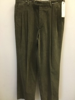 Mens, Casual Pants, LINEA NATURALE, Brown, Cotton, Solid, 30, 33, Corduroy, Pleated, 2 Welt Pocket,