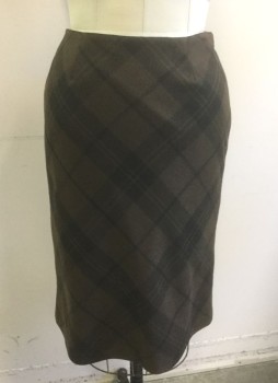 JONES NEW YORK, Brown, Dk Brown, Wool, Plaid, Straight Fit, 1 Dart at Each Side of Waist, Invisible Zipper at Side Waist,