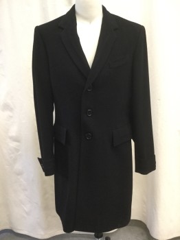 Mens, Coat, Overcoat, PAUL SMITH, Black, Wool, Polyester, Solid, L, 40, Notched Lapel, Single Breasted, 3 Button Up Closure, 2 Flap Pockets, Belted Cuffs, Center Back Vent, at the Knee Length, Geometric Paneling