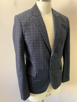 HUGO BOSS, Charcoal Gray, Black, Wool, Plaid, Single Breasted, Notched Lapel, 2 Buttons, 3 Pockets, **Has Some Stains Inside Lining