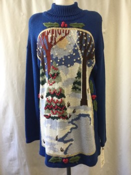 RICHARD AND COMPANY, Blue, Gold, Green, Red, Ramie, Cotton, Holiday, Christmas Sweater Dress, Knit, Long Sleeves, Turtleneck, W/ Metallic Embroidery, Shoulder Pads,