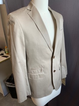 Mens, Sportcoat/Blazer, TALLIA, Khaki Brown, Cotton, Solid, 36 R, 2 Button Front, Notched Lapel, 4 Pockets,