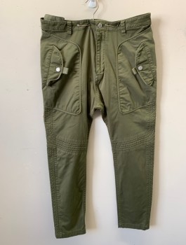HELMUT LANG, Olive Green, Cotton, Elastane, Solid, Twill, Slim Leg, Zip Fly, Unusual Panels and Stitching at Hips, Vertical Side Pockets, 4 Pockets, Belt Loops