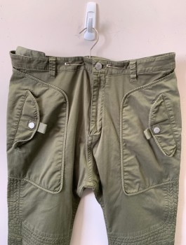 HELMUT LANG, Olive Green, Cotton, Elastane, Solid, Twill, Slim Leg, Zip Fly, Unusual Panels and Stitching at Hips, Vertical Side Pockets, 4 Pockets, Belt Loops