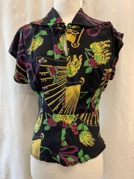 Womens, Blouse, TRASHY DIVA, Black, Green, Yellow, Raspberry Pink, Blue, Silk, Floral, S, Collar Attached, Frog Knot Button, Key Hole Opening on Front, Cap Sleeves, Side Zip