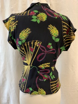 Womens, Blouse, TRASHY DIVA, Black, Green, Yellow, Raspberry Pink, Blue, Silk, Floral, S, Collar Attached, Frog Knot Button, Key Hole Opening on Front, Cap Sleeves, Side Zip