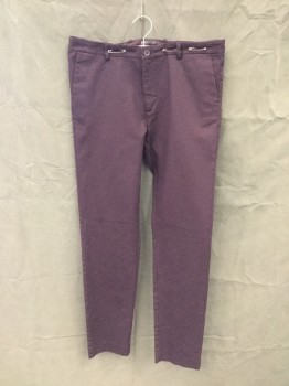 Mens, Casual Pants, H&M, Aubergine Purple, Cotton, Elastane, Solid, 34/31, Flat Front, Zip Fly, Belt Loops, 4 Pockets