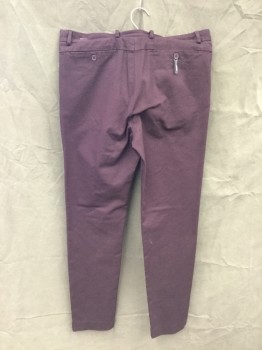 Mens, Casual Pants, H&M, Aubergine Purple, Cotton, Elastane, Solid, 34/31, Flat Front, Zip Fly, Belt Loops, 4 Pockets