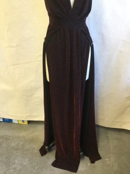 Womens, Evening Gown, WINDSOR, Black, Dk Red, Nylon, Polyester, Solid, M, Black with Red Sparkling, Deep V-neck,  Spaghetti Strap with Criss-cross Back, 2" Under Bust Line, Flap Center Front with Open Over Lap Sides Long Skirt
