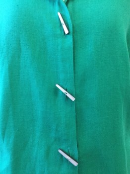 COURTNEY WASHINTON, Emerald Green, Linen, Solid, Button Front, Open Collar Attached, Long Sleeves,