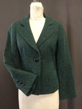 Womens, Blazer, CLASSIQUE ENTIER, Green, Black, Polyester, Viscose, Heathered, B34, S , 1 Button Single Breasted, Rounded Lapel, 2 Patch Pockets Peplum Lower with Gathers at Back Waist