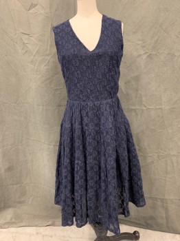 BELLATRIX, Navy Blue, Cotton, Solid, Floral Lace V-neck, Side Zip, Gathered Skirt