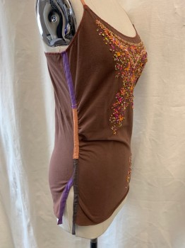 A COMMON THREAD, Brown, Cotton, Spandex, Floral, Scoop Neck, Adjustable Spaghetti Straps, Beaded & Embroidered Pattern on Front, Red Stitching on Neckline, Purple, Tan, & DK. Brown Trim on Sides, Side Slits