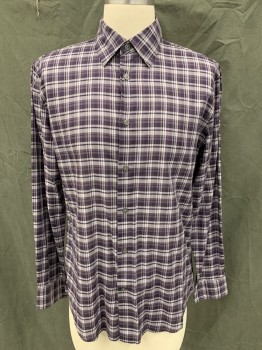 Mens, Casual Shirt, JOHN VARVATOS, Purple, Lavender Purple, Cotton, Plaid, S, Button Front, Collar Attached, Long Sleeves, Button Cuff
